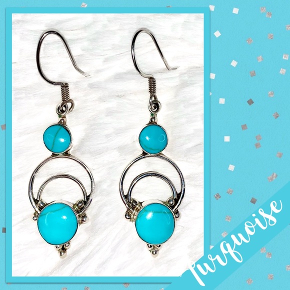 Turquoise Sterling Silver Dangle Earrings, HOB Mexico 925 (Turquoise Blue) - Picture 4 of 7